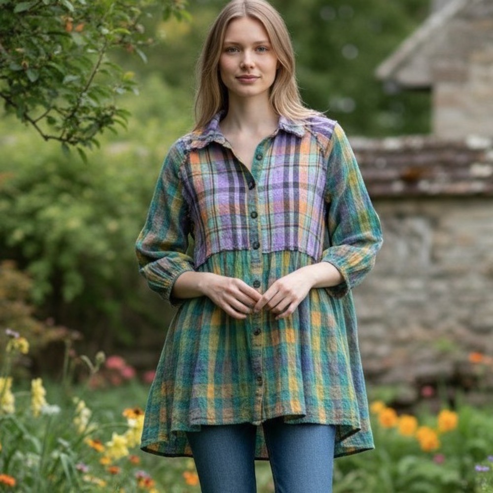 White Birch Plaid Babydoll Tunic Top Mixed Print Cotton Boho Green Purple L